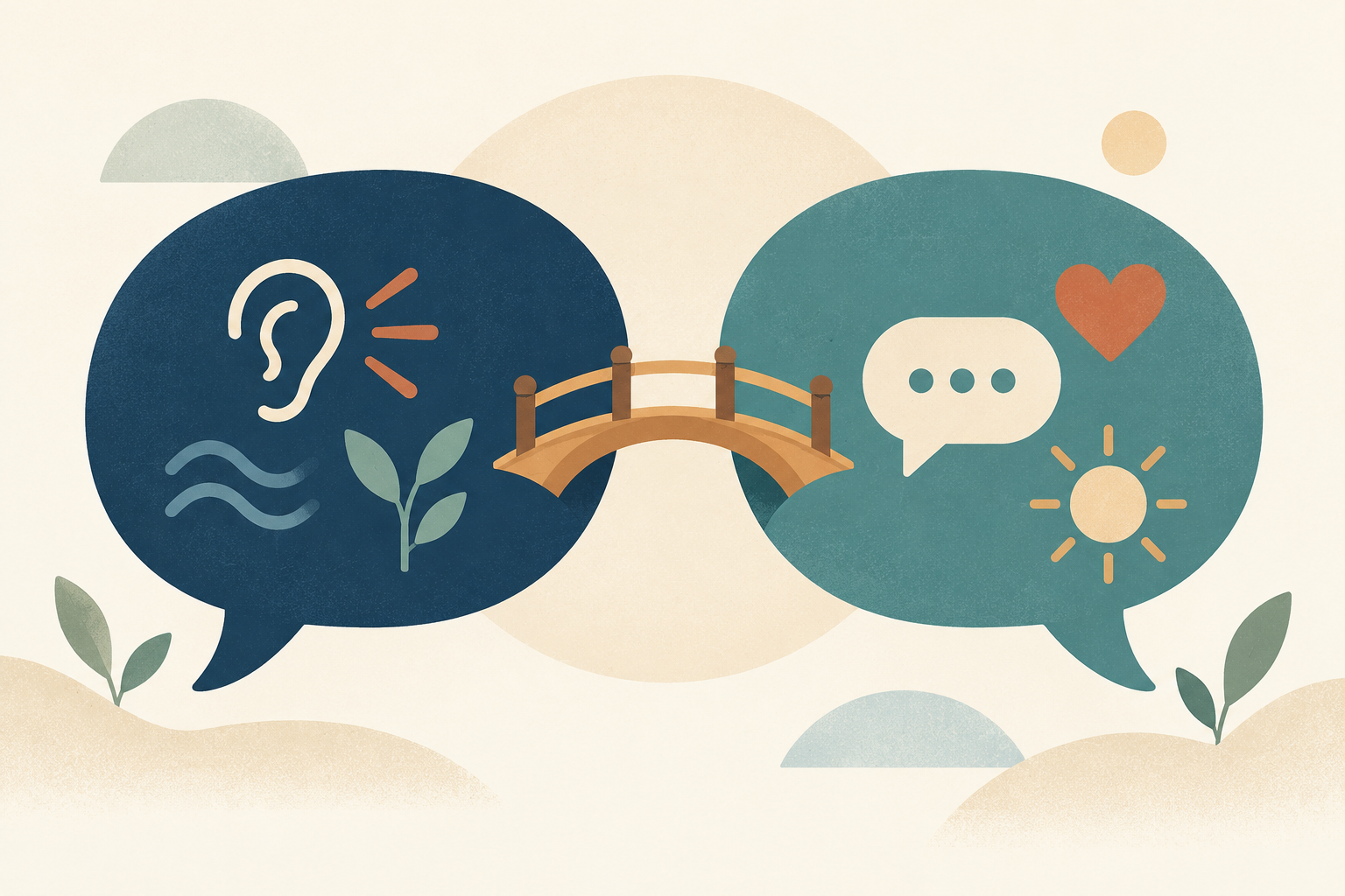 Two empty speech bubbles joined by a small bridge, illustrating respectful communication across differences.